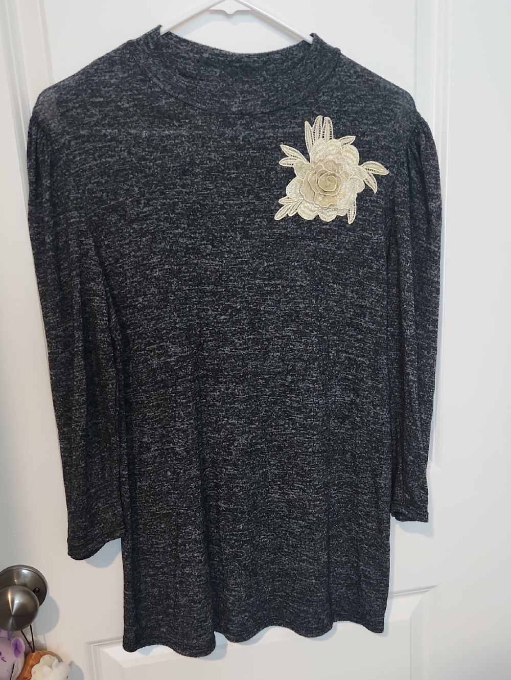 Olivia Blu Charcoal Gray Long Sleeve Top with Gold Floral Accent